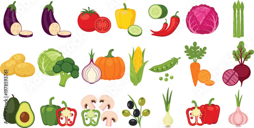 Organic vegetable vector icon collection. Large set of flat illustrations including eggplant, broccoli, avocado, pumpkin, asparagus, and peppers for healthy food design.
