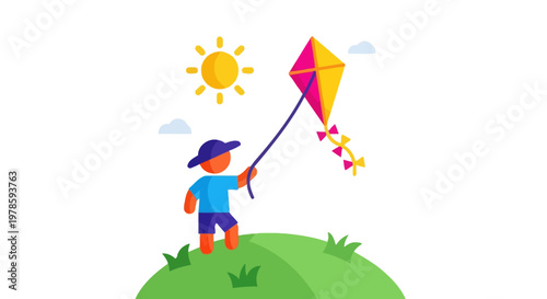 Boy flying a colorful kite outdoors.