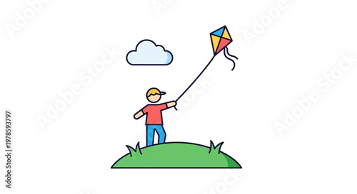 Boy flying colorful kite outdoors.