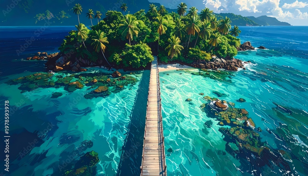 Naklejka premium Tropical Paradise Island with Wooden Pier in Anime Style