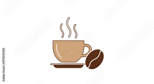 Brown coffee cup with saucer and bean.