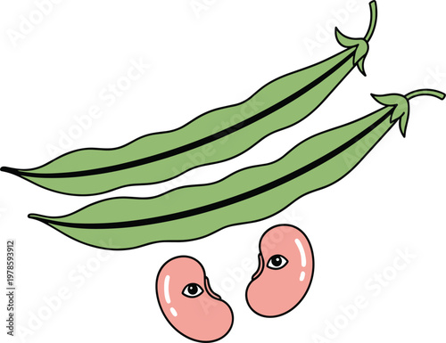Surreal green bean pod and kidney bean vector. Hand-drawn quirky illustration of beans with eyes for indie branding, creative stickers, and whimsical food design.