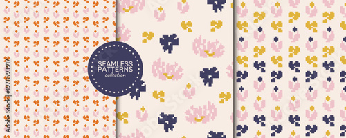 A seamless vector patterns collection in coral, mustard, pink and navy on warm cream with pixelated floral motifs
