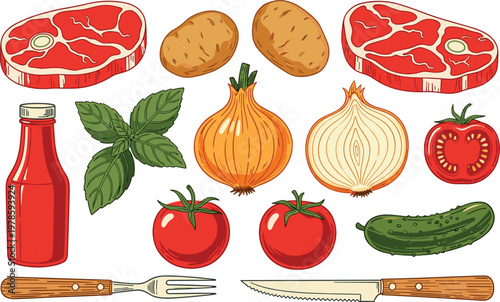 Raw beef steak and vegetables vector set. Vintage engraving illustrations of ribeye meat, potatoes, onions, tomatoes, and steak knife for restaurant and butchery design.