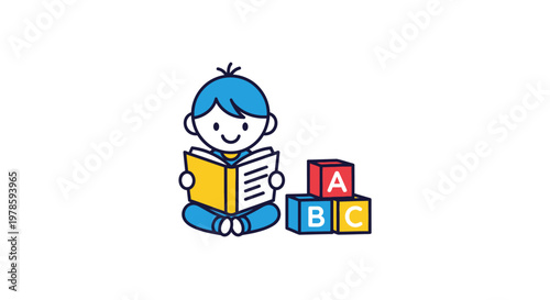 Cartoon boy reading a book.