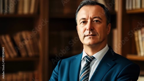 Mature businessman in a suit looks directly at the camera with a confident expression in a library.