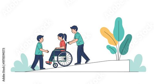 Kind young man helping a woman in a wheelchair up an accessibility ramp while another person watches and supports them.