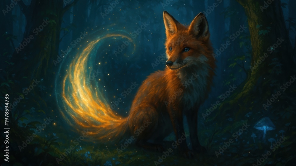 Fototapeta premium Enchanted fox glowing forest desktop wallpaper