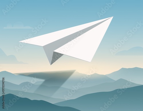 Paper airplane flying over mountains landscape.