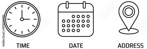 set of time date and address icons, minimalist outline style featuring clock calendar and location pin symbols, professional vector illustration for ui ux design, apps and web interface elements.
