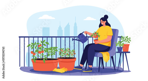 Smiling young woman watering red tomato plants in large pots on her apartment balcony with a city skyline visible behind.