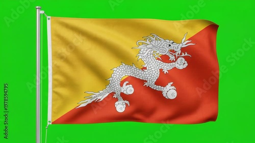Waving Bhutan National Flag on Green Screen Background
