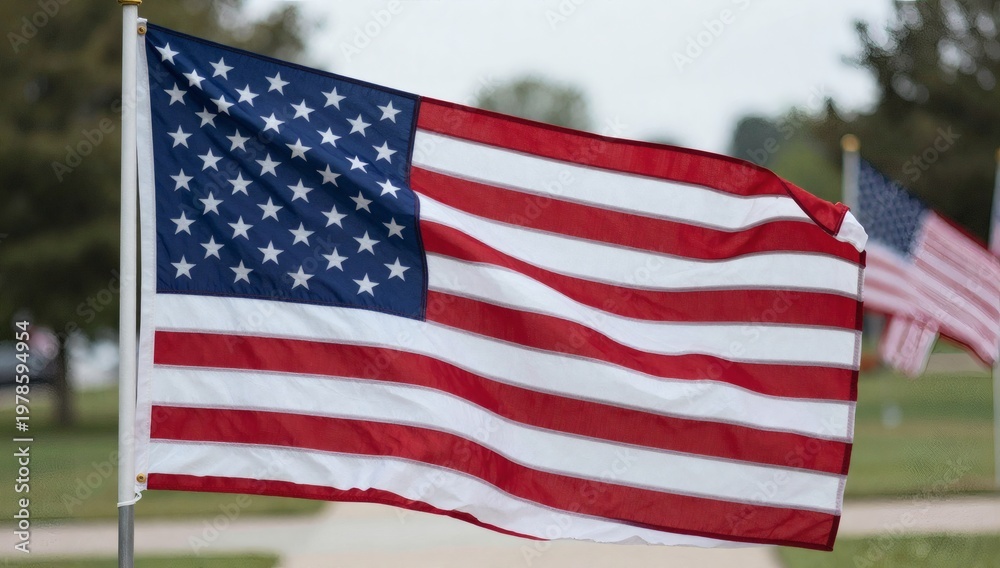 Obraz premium American flags wave proudly against a blurred green backdrop on a cloudy day