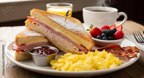 Delicious Breakfast Plate with French Toast, Eggs, and Bacon.