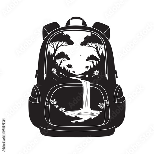 Black backpack silhouette with white forest waterfall nature landscape design.
