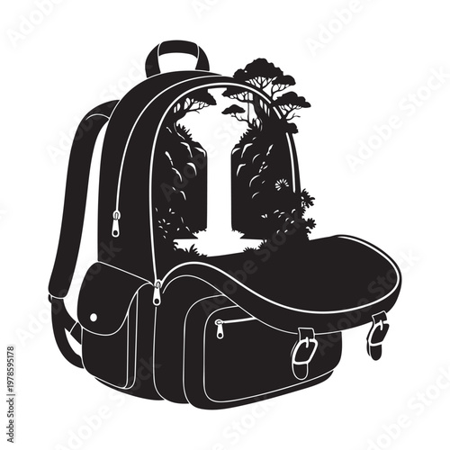 Black backpack silhouette with white forest waterfall nature landscape design.