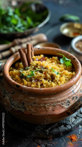 Close up of a person squeezing fresh citrus juice over aromatic yellow rice biryani served in a traditional clay pot.