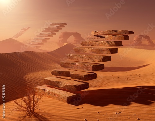 Desert landscape with abstract staircase formation.