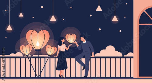 Couple celebrating romance with heart lanterns on balcony at night, illustration