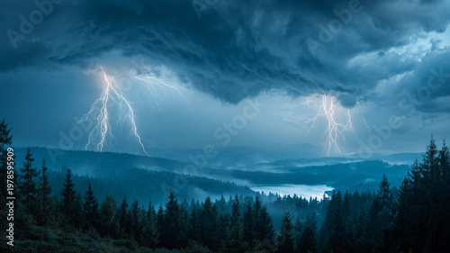 Moody thunderstorm landscape with lightning strikes above forest trees and river.