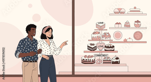 Couple choosing wedding cake from bakery window display, illustration