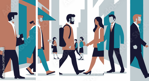 A successful teamwork concept featuring a cartoon vector illustration of a young business group and couple collaborating in a professional office crowd