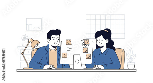 Couple collaborating on computer, surrounded by heart icons, representing teamwork and love.