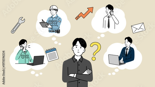 デスクワークと現場仕事の進路に悩む学生のイラスト、職業選択と将来の仕事を考える人物素材