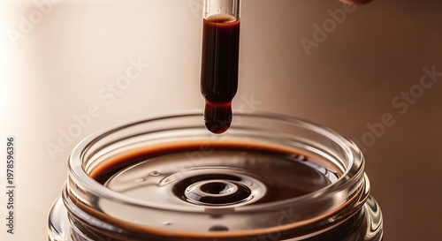 A dropper dispenses a dark liquid into a glass jar creating ripples on the viscous surface suggesting scientific research and experimentation involving fluids and precise measurement for