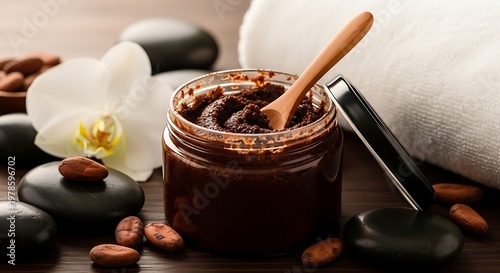 Nourishing spa treatment preparation with rich chocolate scrub in glass jar smooth stones cocoa beans and delicate white orchid creating a serene atmosphere for relaxation and wellness rituals