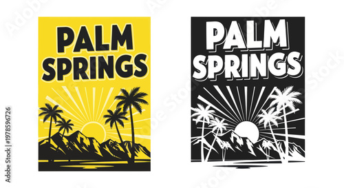 Palm Springs California Retro Travel Poster with Palm Trees and Mountains