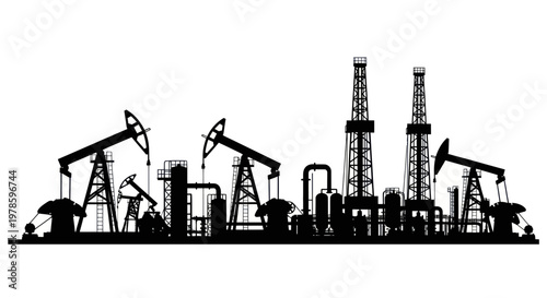 Silhouette of oil rigs and drilling towers on white background, industrial landscape