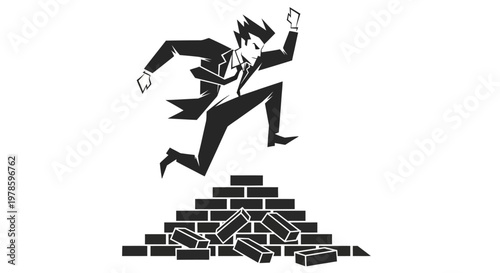 Businessman Jumps Over Bricks.