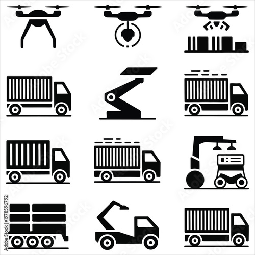 Drone and truck delivery logistics and transportation icons