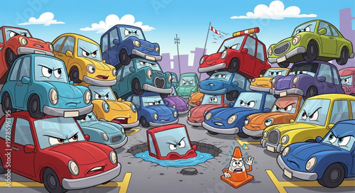 Cartoon cars with angry faces in a parking lot.