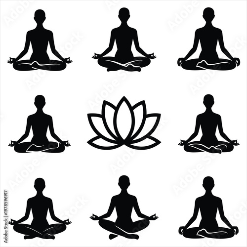 Yoga meditation poses and lotus flower icon set, peaceful mind and spiritual well-being concept