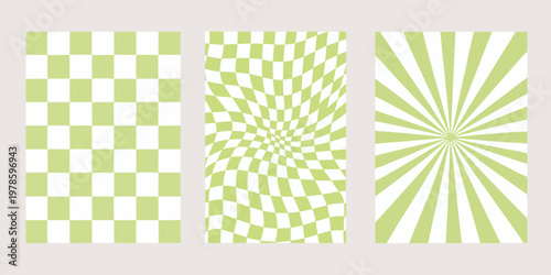 Three abstract panels displaying optical illusions in shades of green and white