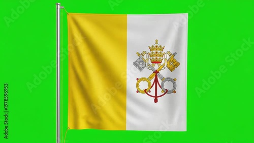 Waving Vatican City National Flag on Green Screen Background