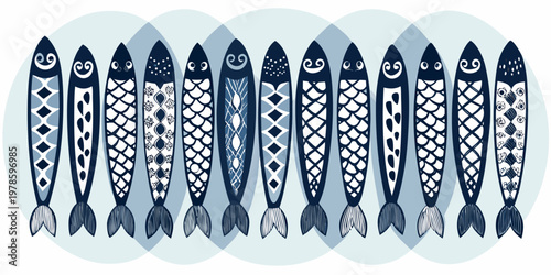 A row of stylized patterned portuguese sardines arranged in a repeating design