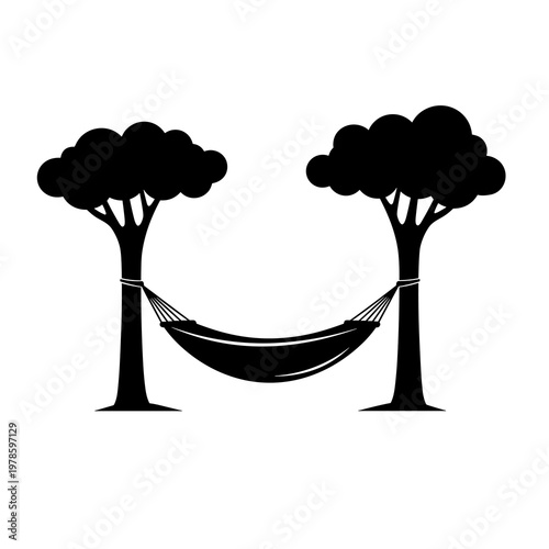Hammock Between Trees Vector Illustration, Relaxing Outdoor Nature Scene, Minimal Silhouette Line Art Isolated on White Background