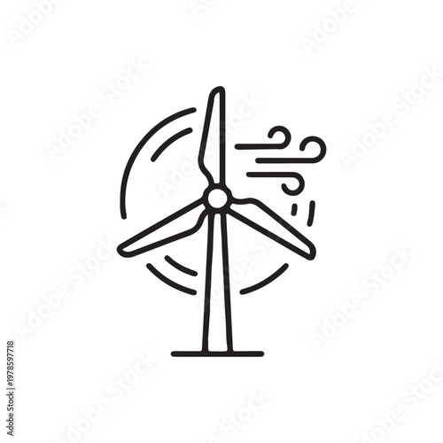 Minimal line icon of wind turbine with motion swirls. Clean black outline on white, modern mood for green energy, ESG, and tech UI branding. (145 characters)
