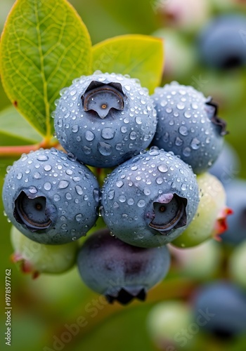 Close-up of Fresh Blueberries with Water Droplets on the Bush.