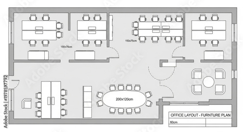 Modern office floor plan with meeting rooms and workstations.