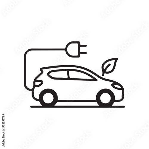 Minimal line icon of electric car with plug and leaf. Clean black outline on white, modern mood for EV, sustainability, and automotive UI design.