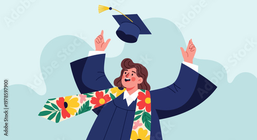 Graduate in Academic Gown Celebrates.