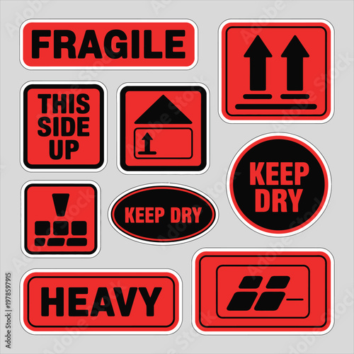 Red and black shipping warning labels and fragile handle with care stickers collection