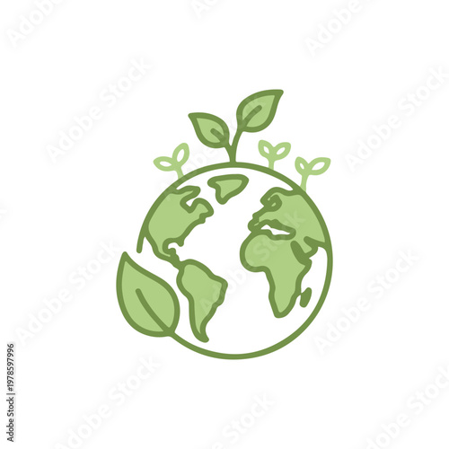 Green line icon of Earth with sprouting leaves on white. Flat vector style, hopeful mood for climate action, ESG, and eco branding