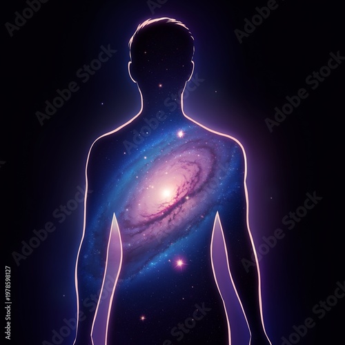 Human silhouette with galaxy inside body.