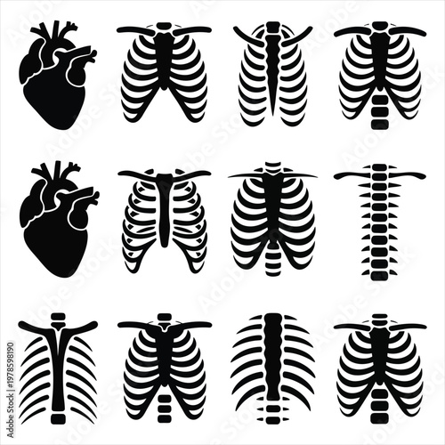 Set of black silhouette icons representing human rib cage and heart