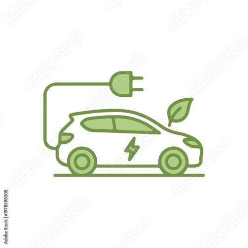 Minimal green line icon of electric car charging with plug and leaf on white background, soft lighting, clean eco-friendly mood, ideal for apps, UI, web, and mobility branding.